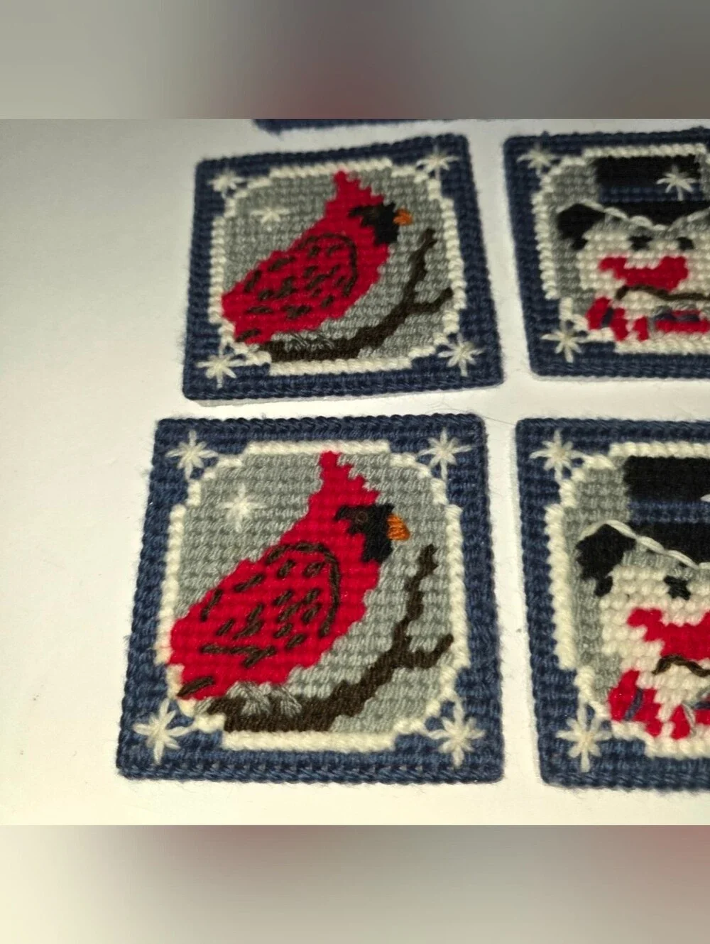 Vintage Mary Maxim Let It Snow Coasters and Holder Plastic Canvas Handmade